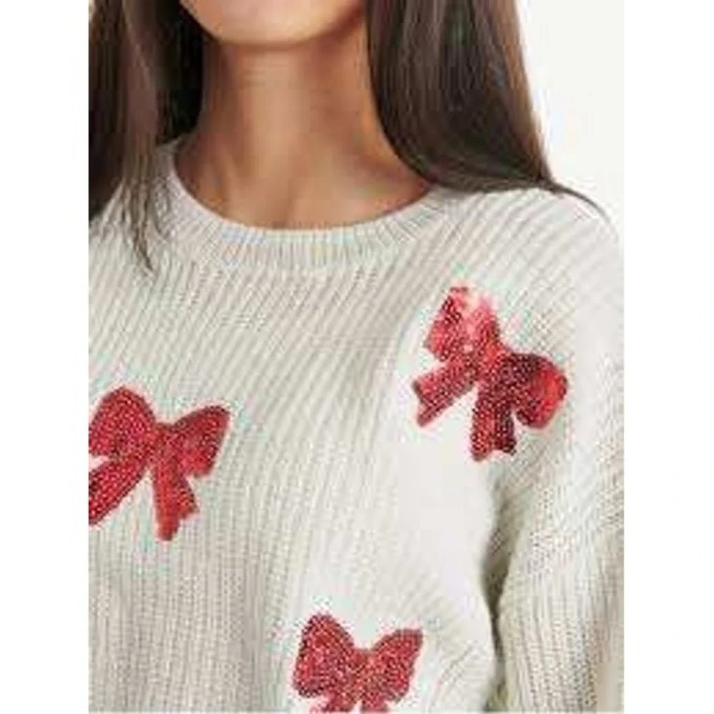 Justice Sweater Sequin Bow Crewneck Pullover Girls XL Plus White Holiday Party